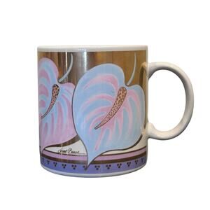 Vintage Laurel Burch Anthurium Art Mug Coffee Tea Ceramic Floral Leaves Gold